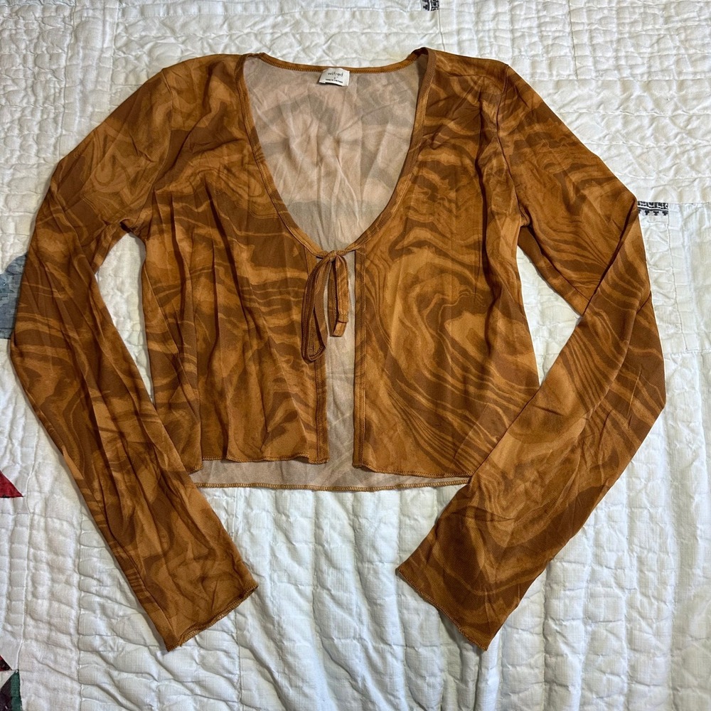 Wilfred Tie-Front Mesh Top Brown Marble Print Long Sleeve S